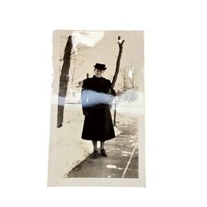 Vtg Older Woman Posing on Snow Day Original Monochrome Photo Found Snapshot